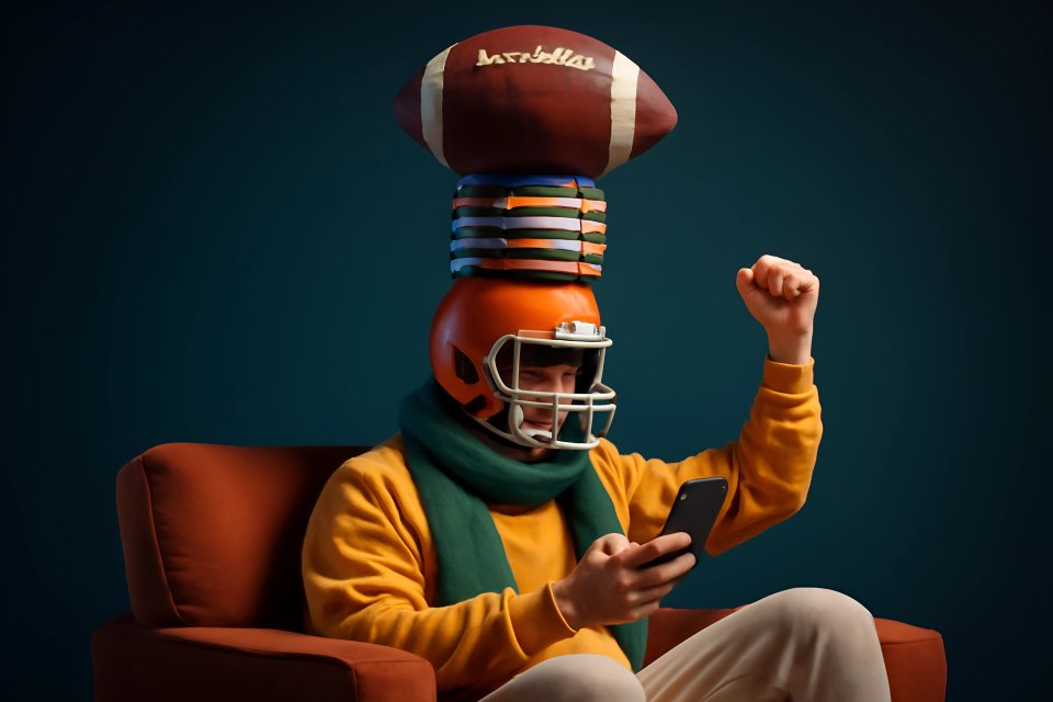 Torcedor com capacete de futebol americano e celular