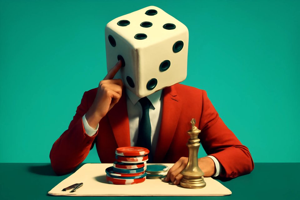 Um empresário em um terno vermelho com um grande dado como cabeça, sentado à mesa com fichas de pôquer e uma peça de xadrez, simbolizando estratégia e sorte nos negócios.