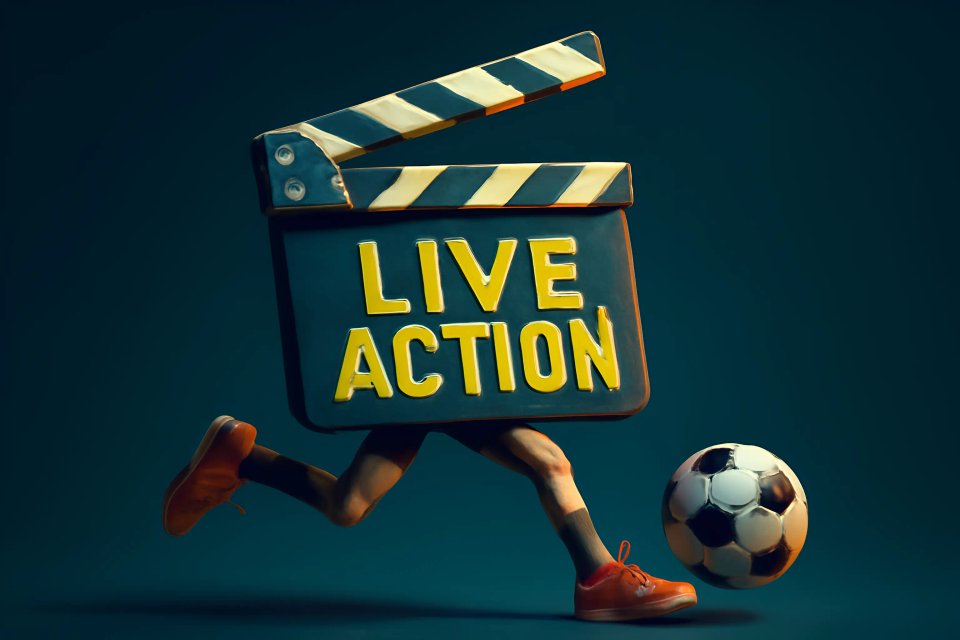 Uma ilustração criativa de uma claquete rotulada "AÇÃO AO VIVO" com pernas animadas correndo enquanto chuta uma bola de futebol.