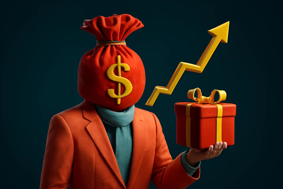 Uma pessoa com uma bolsa de dinheiro como cabeça, vestindo um terno laranja, segurando uma caixa de presente vermelha com um laço amarelo, ao lado de uma seta de gráfico ascendente, simbolizando crescimento financeiro e prosperidade.