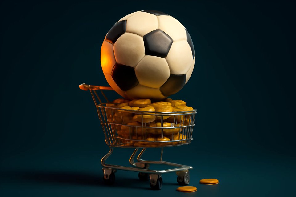 Uma bola de futebol descansando em cima de um carrinho de compras cheio de moedas de ouro, simbolizando a interseção entre esportes e riqueza.