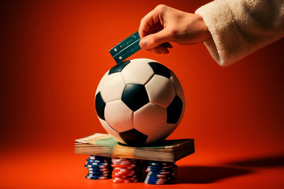 Uma mão colocando um cartão de crédito em cima de uma bola de futebol, que está equilibrada em uma pilha de dinheiro e fichas de pôquer, contra um fundo laranja.