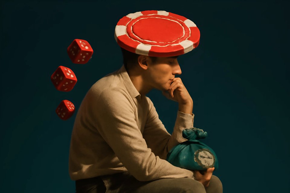 Um jogador contemplativo usando um grande chapéu de ficha de pôquer, cercado por dados flutuantes e segurando uma bolsa de dinheiro, contra um fundo escuro.